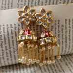 Star stone studded Red Jhumka with Drop Pearls - Image 2