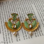 Geometric style Meenakari Green Chandbali Earrings