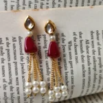 Simple Kundan stud Earrings with Red Pearl