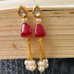 Simple Kundan stud Earrings with Red Pearl - Image 2