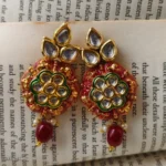 Leaf and Floral Kundan Earrings with Red Meenakari Work - Image 2