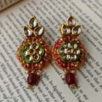 Leaf and Floral Kundan Earrings with Red Meenakari Work