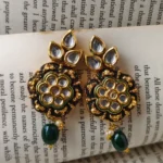 Leaf and Floral Kundan Earrings with Green Meenakari Work - Image 2