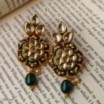 Leaf and Floral Kundan Earrings with Green Meenakari Work