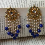 Gold Flower & Blue Pearl Chandelier Earrings - Image 2