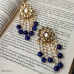 Gold Flower & Blue Pearl Chandelier Earrings