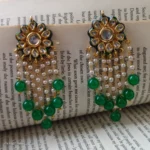 Gold Flower & Green Pearl Chandelier Earrings - Image 2