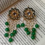 Gold Flower & Green Pearl Chandelier Earrings