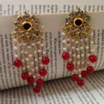 Gold Flower & Red Pearl Chandelier Earrings - Image 2