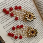 Gold Flower & Red Pearl Chandelier Earrings